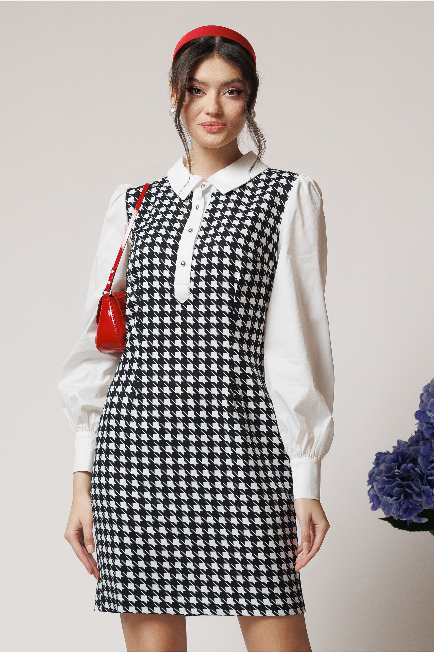 Rochie Office Albă cu Pepit | Eleganță și Stil - imagine 1