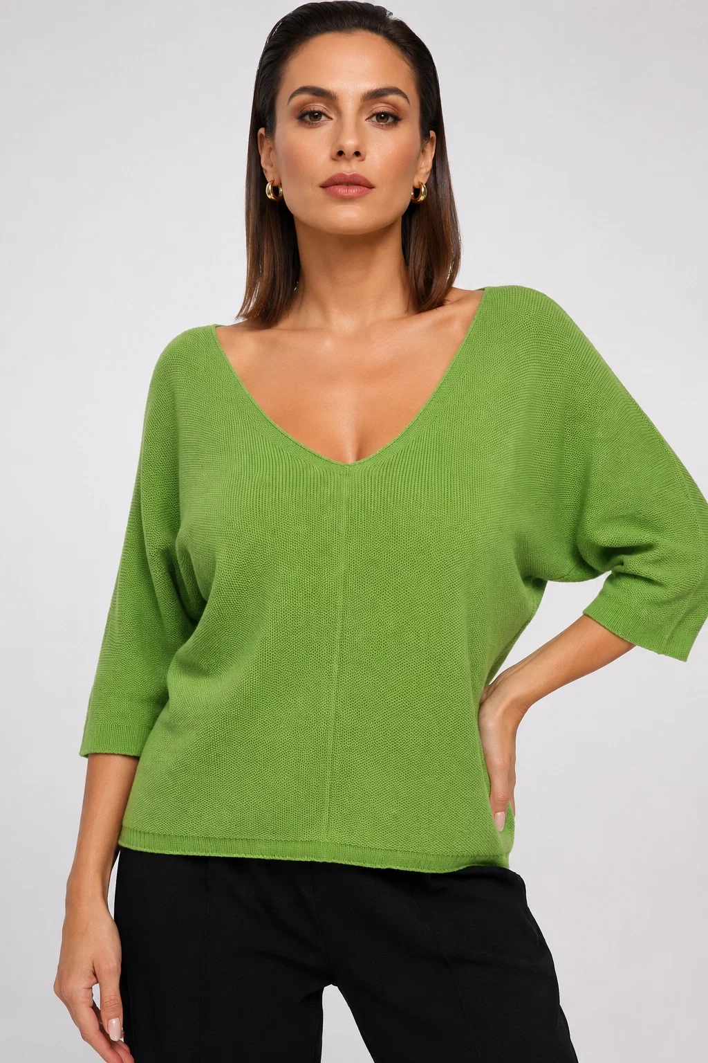 Bluza tricotată Shopika verde mâneci fluture - imagine 2