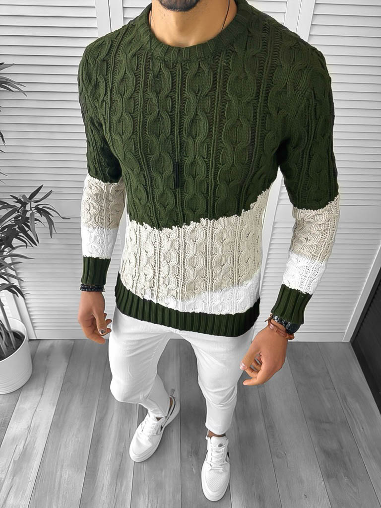 Pulover Barbati Kaki Slim Fit Elegant T3612