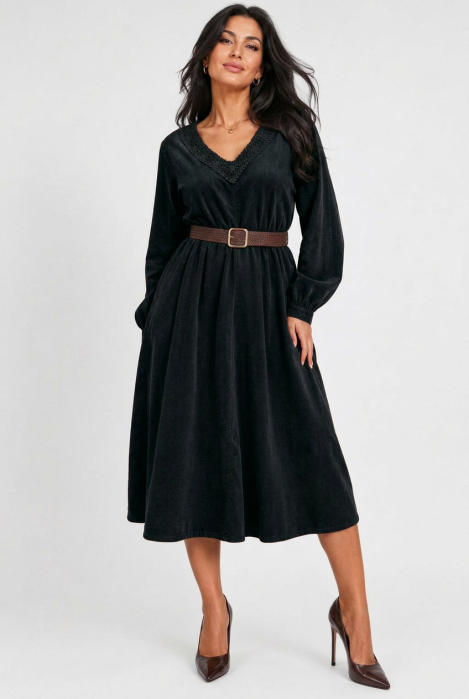 Rochie midi din catifea reiata de bumbac cu dantela si curea, neagra