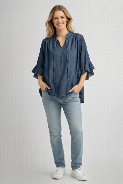 Bluză Denim Shopika cu Volane și Snur Ajustabil