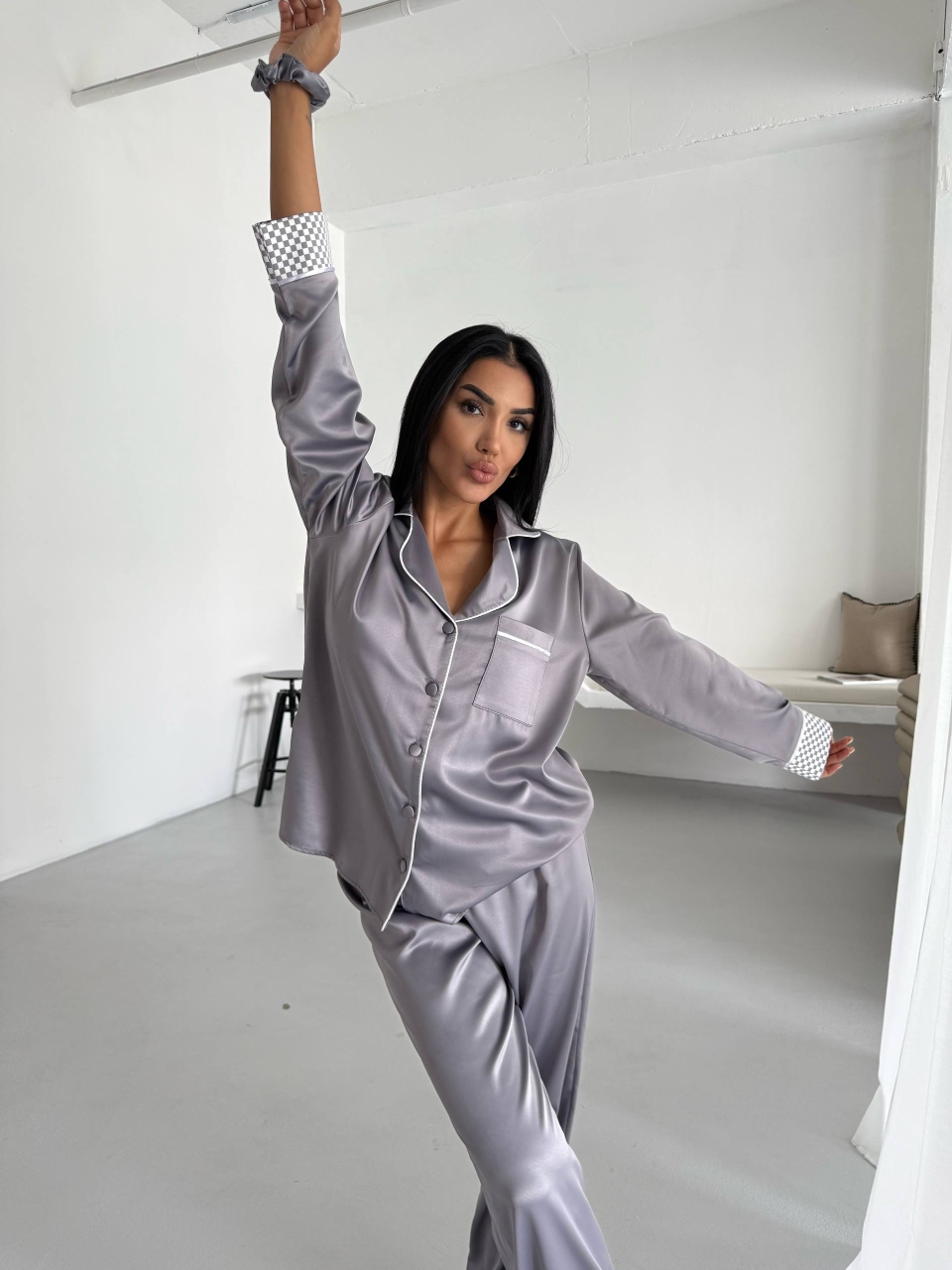 Set Pijama Dama 2 Buc Delis Gri cu Nasturi - imagine 2