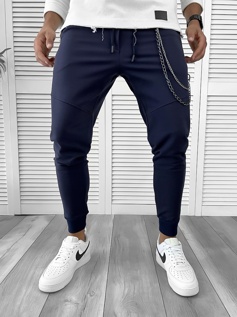 Pantaloni trening bleumarin conici din bumbac