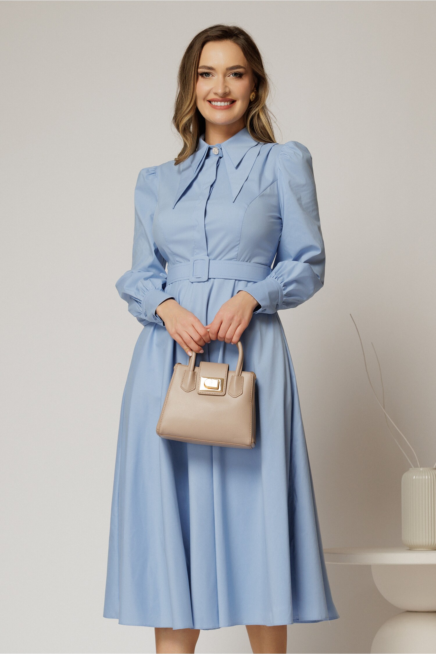 Rochie DY Fashion Bleu Poplin cu Guler Dublu