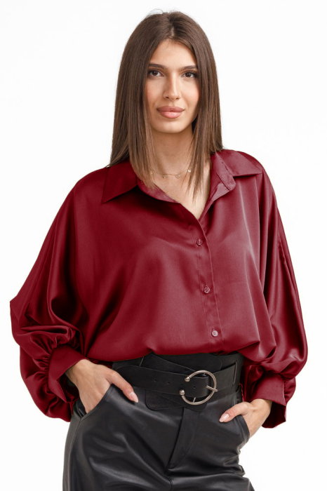 Camasa eleganta din satin, cu maneci bufante, bordo