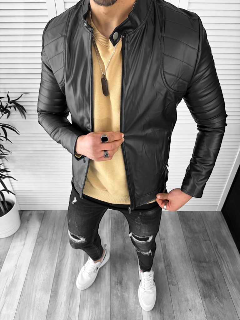 Geaca Piele Ecologica Barbati Neagra Slim Fit