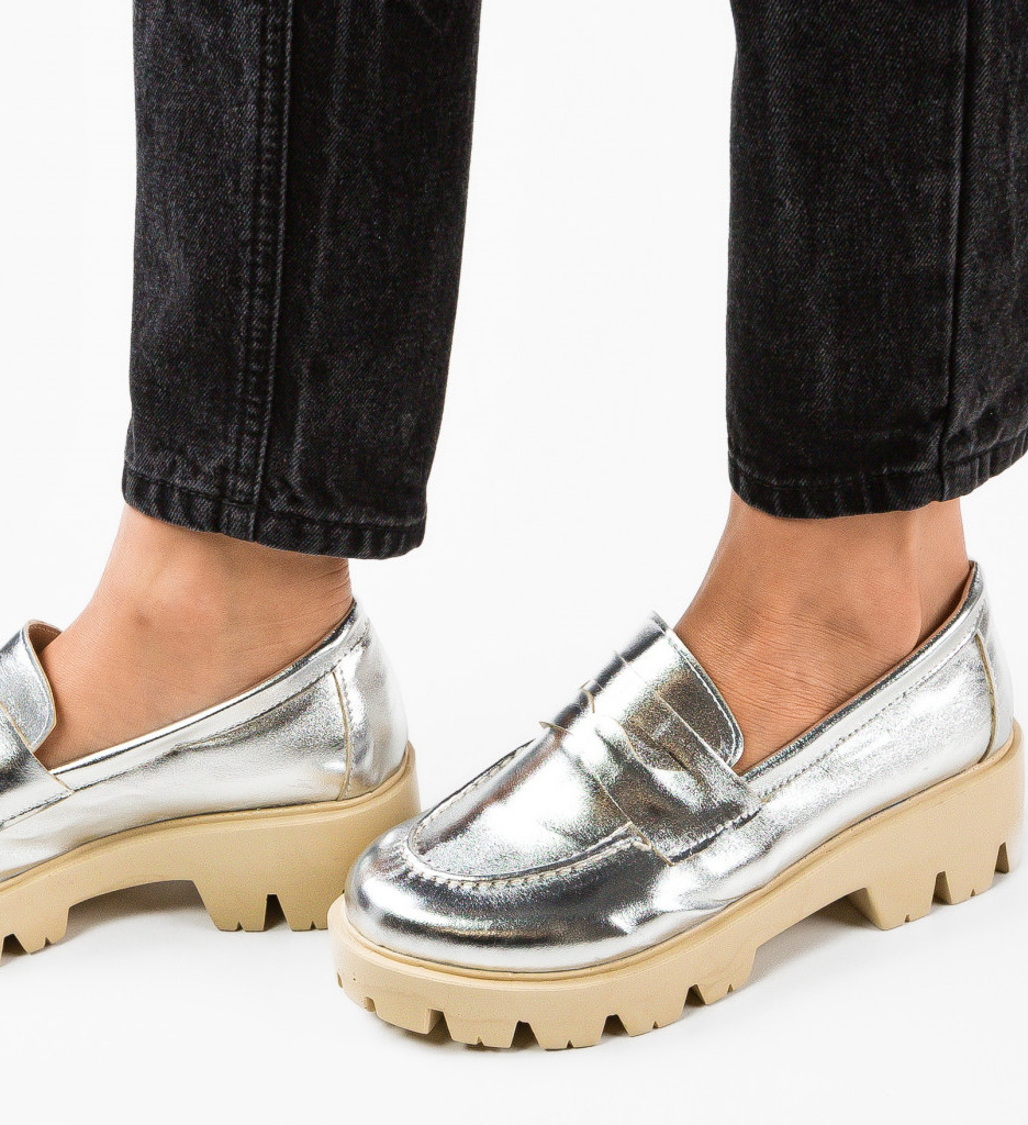 Pantofi Casual Dama Argintii Stil Modern - imagine 3