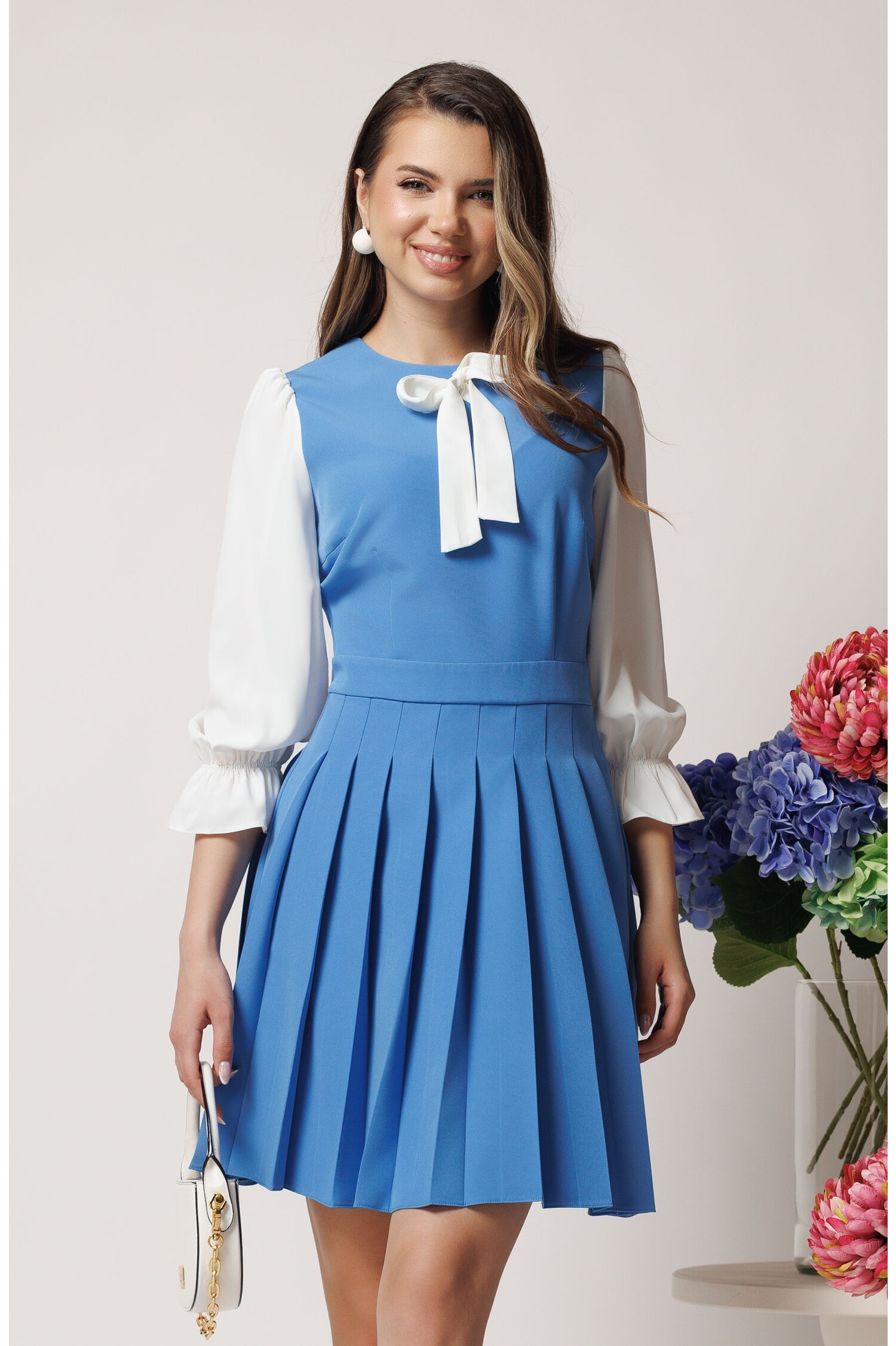 Rochie Office Elegantă Bleu cu Fundă - DY Fashion