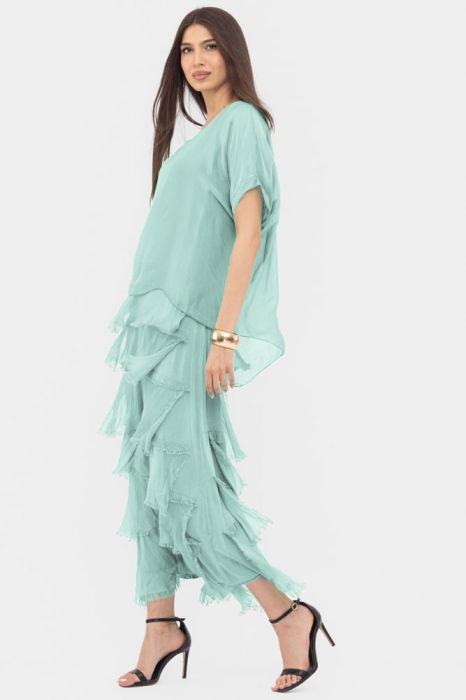 Rochie Menta din Matase cu Volane | Shopika