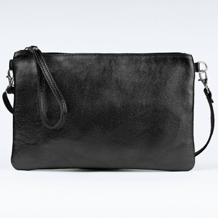 Geanta plic crossbody negru metalizat, din piele naturala