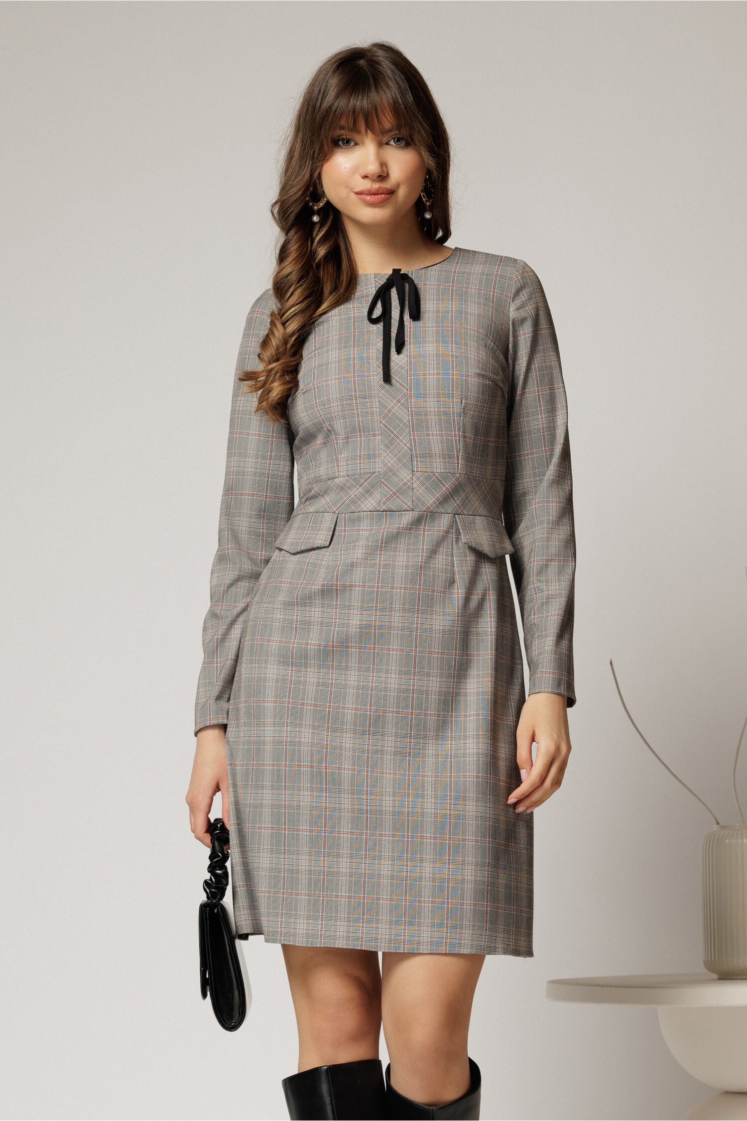 Rochie Office Gri Carouri cu Fusta Tip A