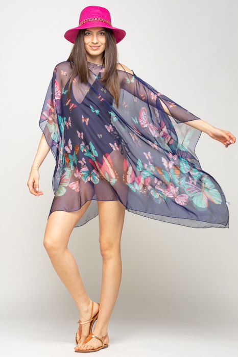 Rochie poncho plajă Shopika fluturi bleumarin