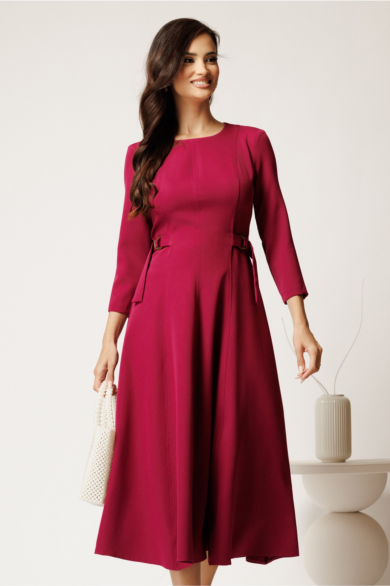 Rochie Eleganta Magenta cu Catarame la Talie