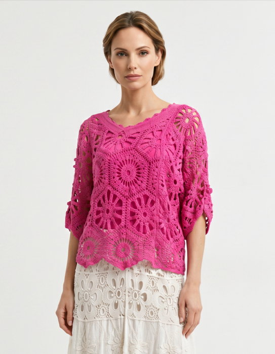 Bluza de vara cu broderie din bumbac, croi lejer, fucsia