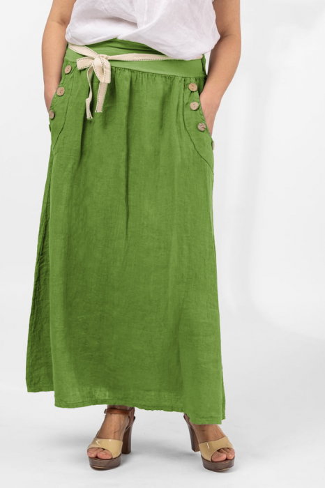 Fusta lunga casual verde oliv, din in, cu nasturi de lemn la buzunare