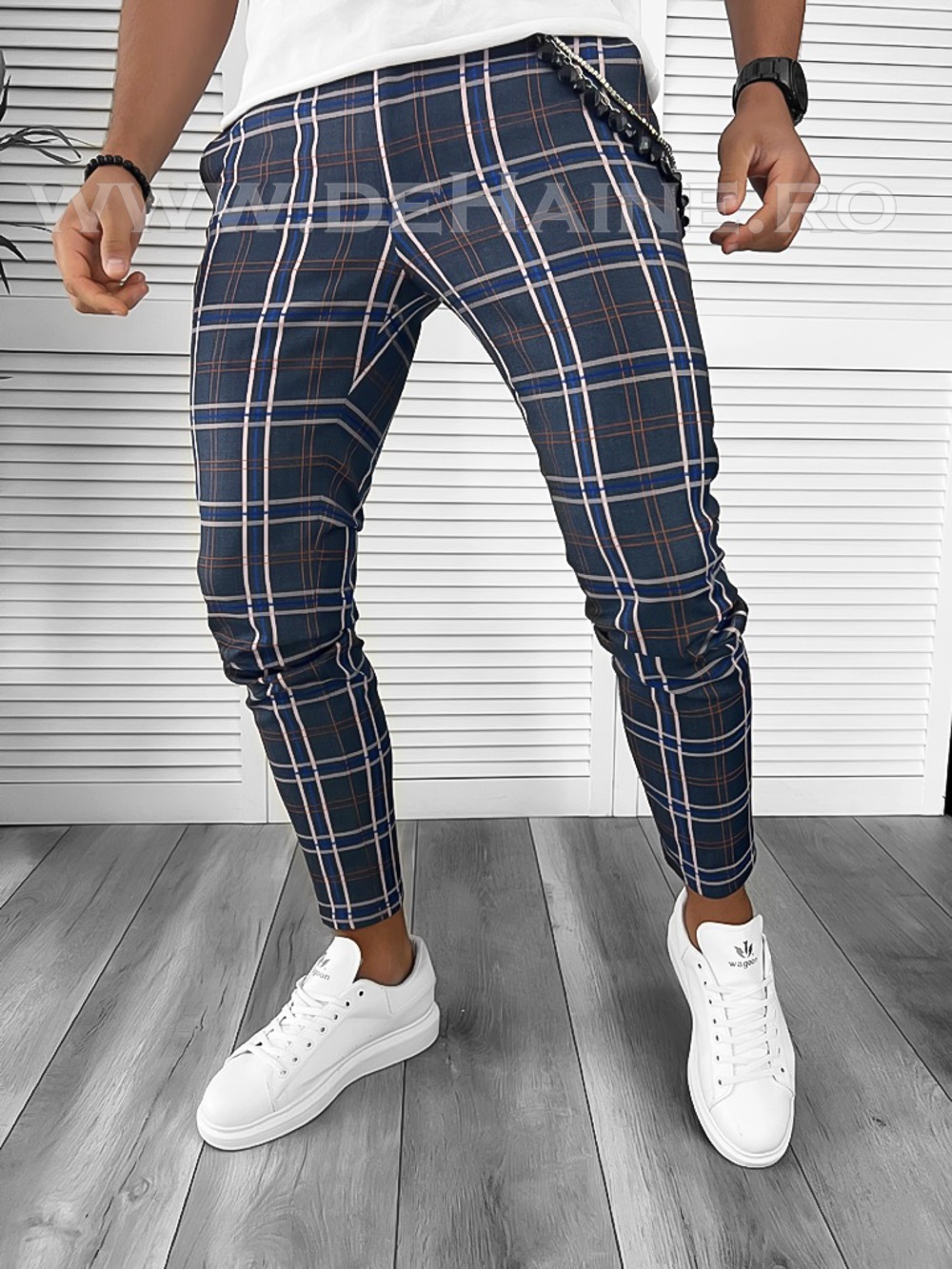 Pantaloni Barbati Casual în Carouri Bleumarin Regular Fit