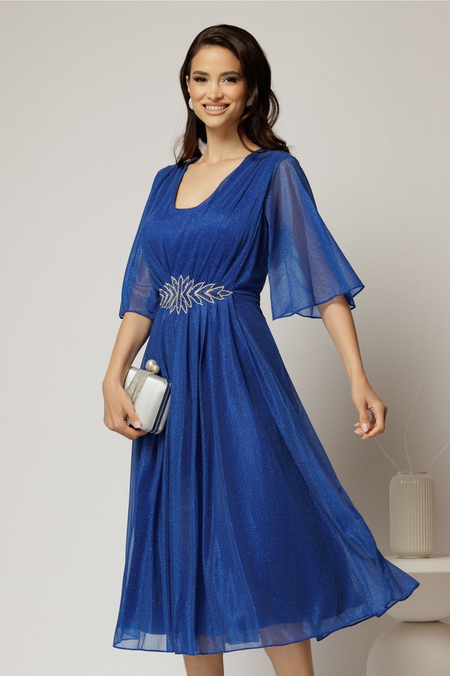 Rochie Midi Albastră Ocazie cu Sclipici