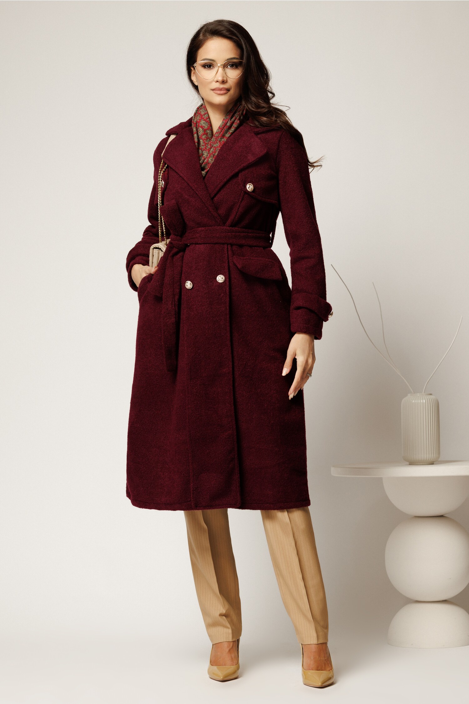 Palton Bordo Dama cu Cordon - Stil Elegan - imagine 1
