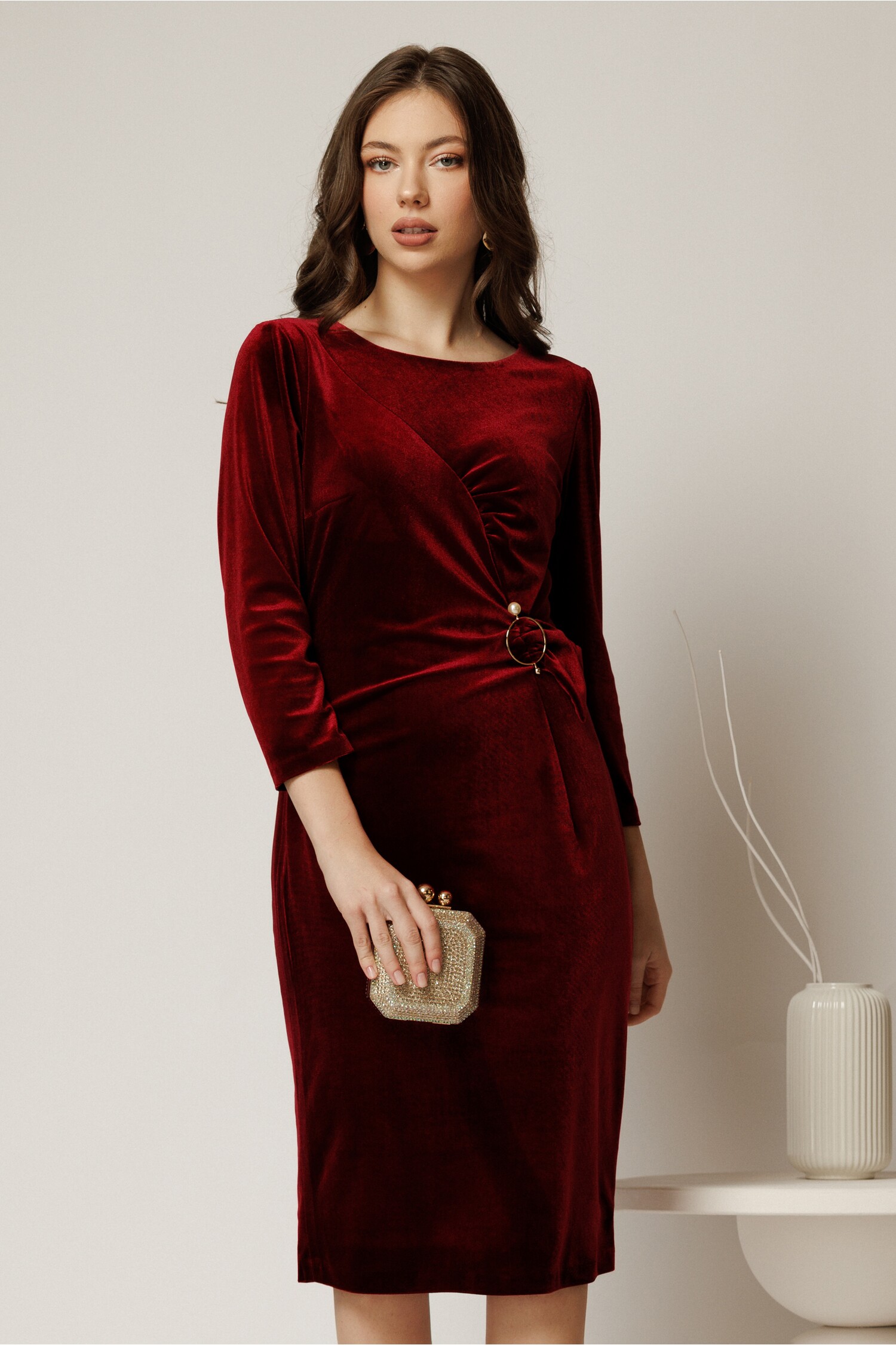 Rochie Midi Bordo Catifea cu Accesoriu Talie