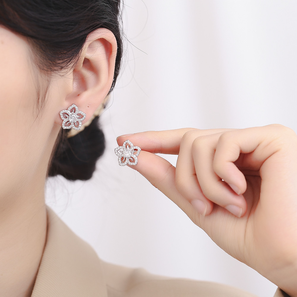 Cercei Argint Haifeng Floare cu Zirconiu Alb - imagine 2
