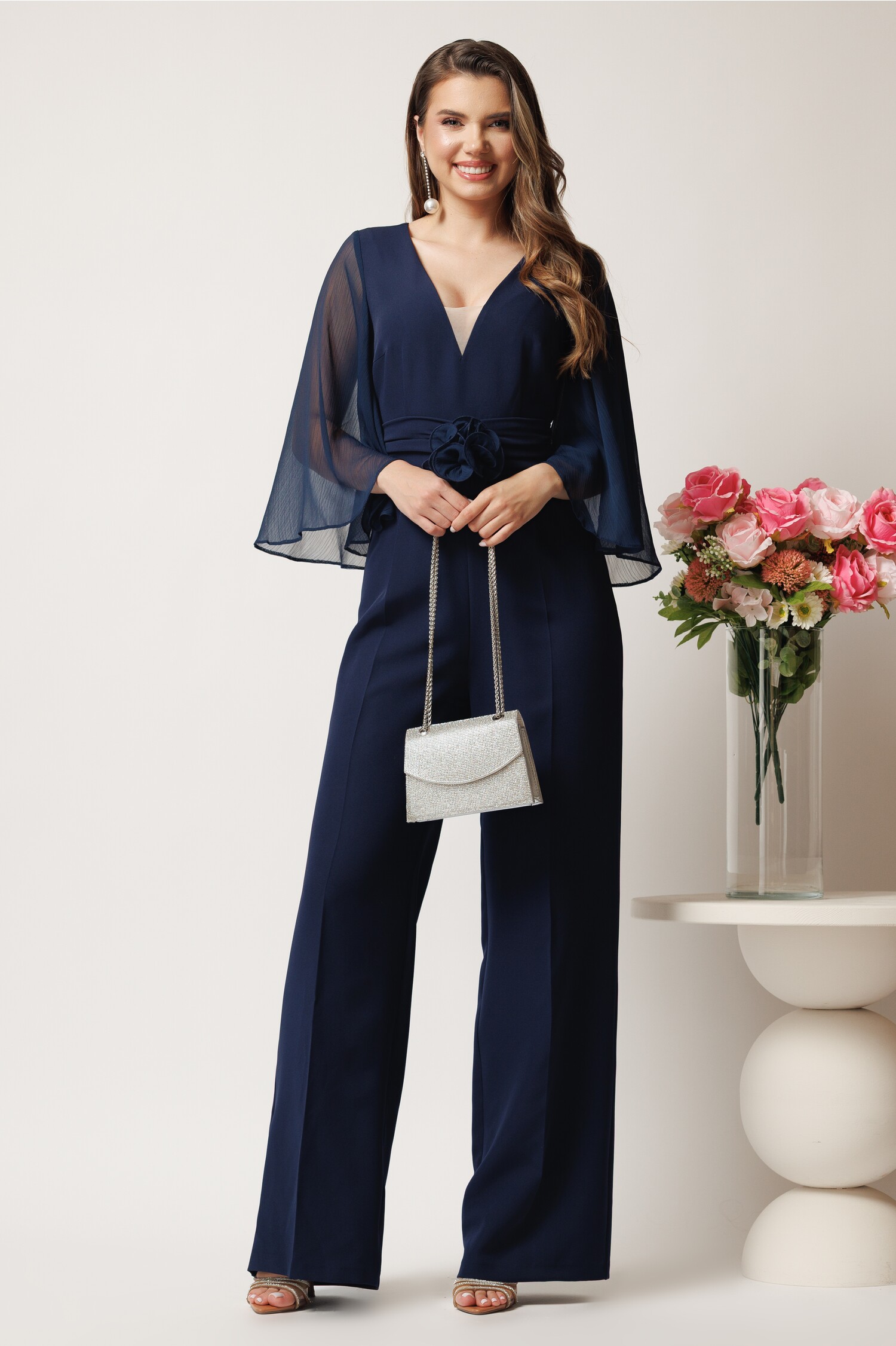Salopeta DY Fashion bleumarin cu floare in talie