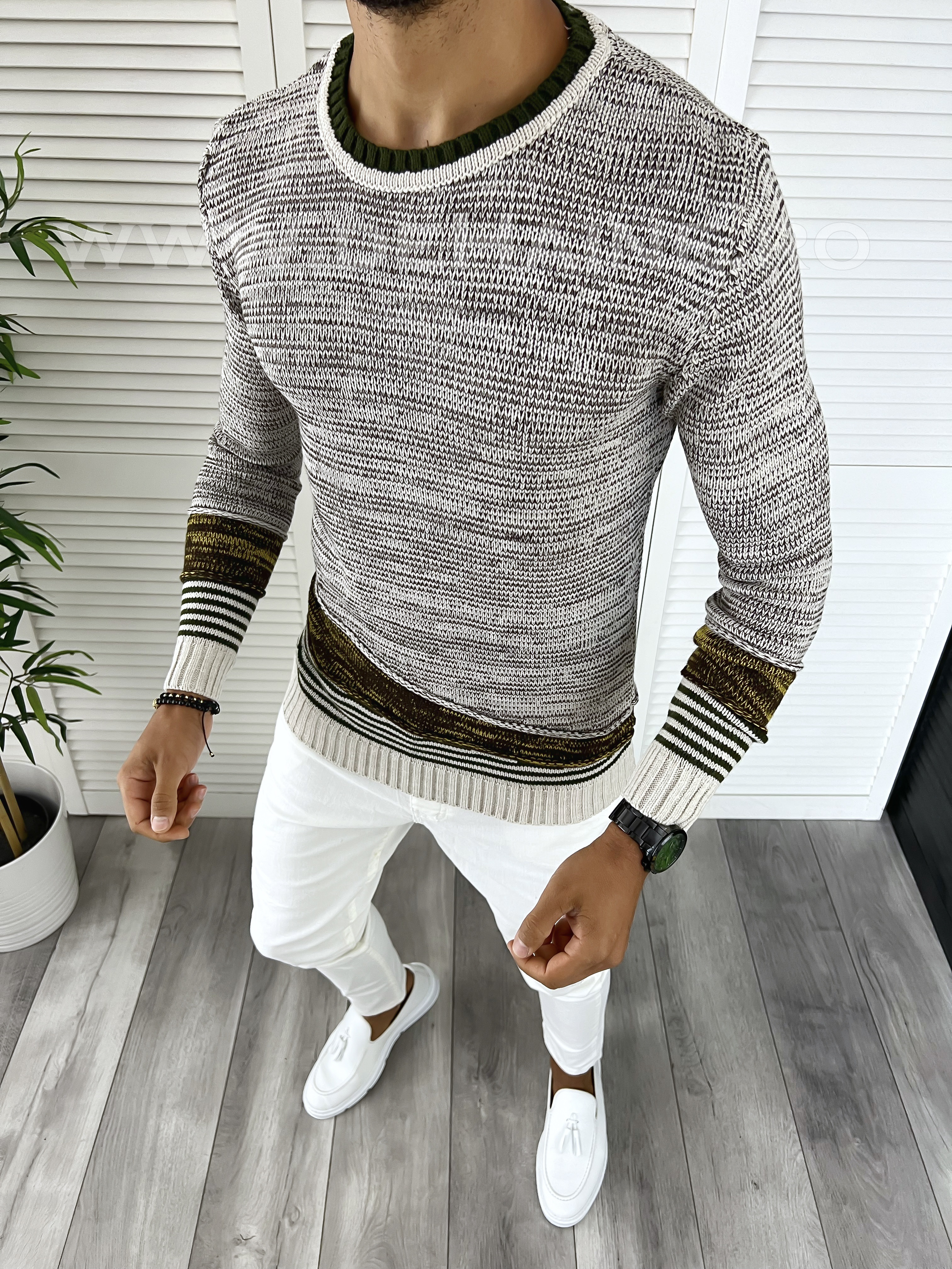 Pulover barbati slim fit bej elegant T3616