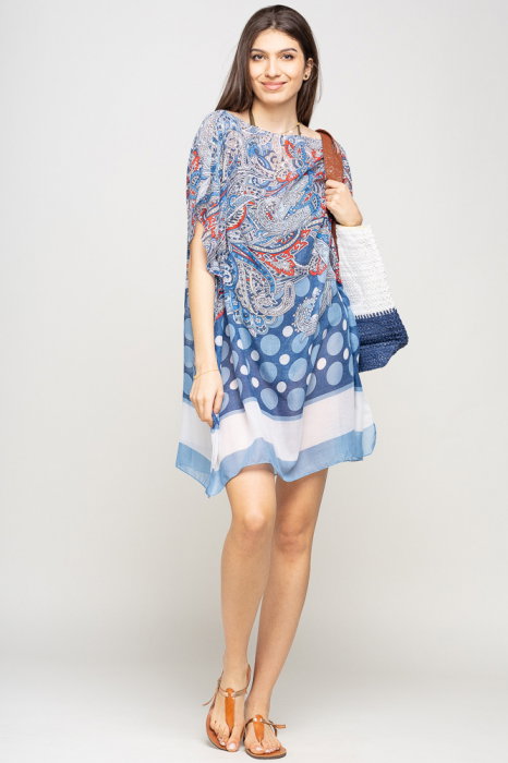 Rochie Plaja Shopika Poncho Viscoză Alb-Albastru - imagine 1