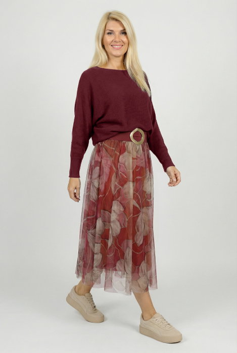 Fusta clos tulle floral bordo/roz | Shopika
