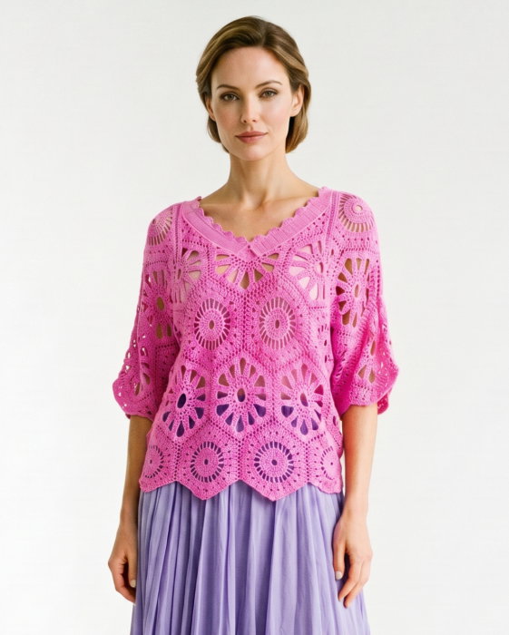 Bluza de vara cu broderie din bumbac, croi lejer, roz intens