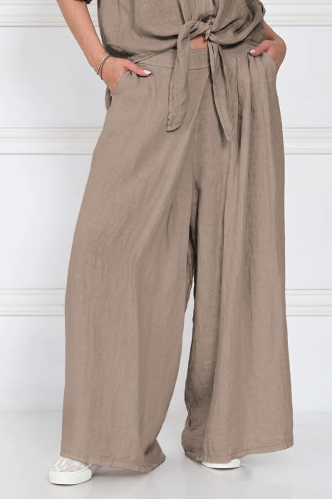 Pantaloni de vara din in cu croiala ampla si pliuri in talie, bej inchis