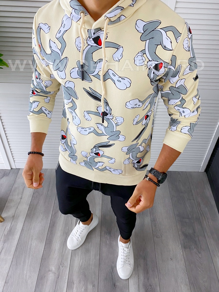 Hanorac Barbati Bej Slim Fit cu Imprimeu