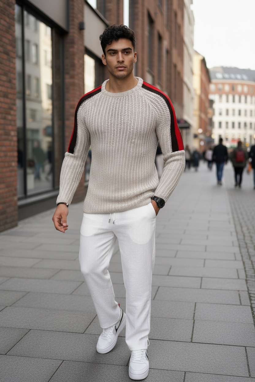 Pulover Barbati Gros Bej Slim Fit Elegant