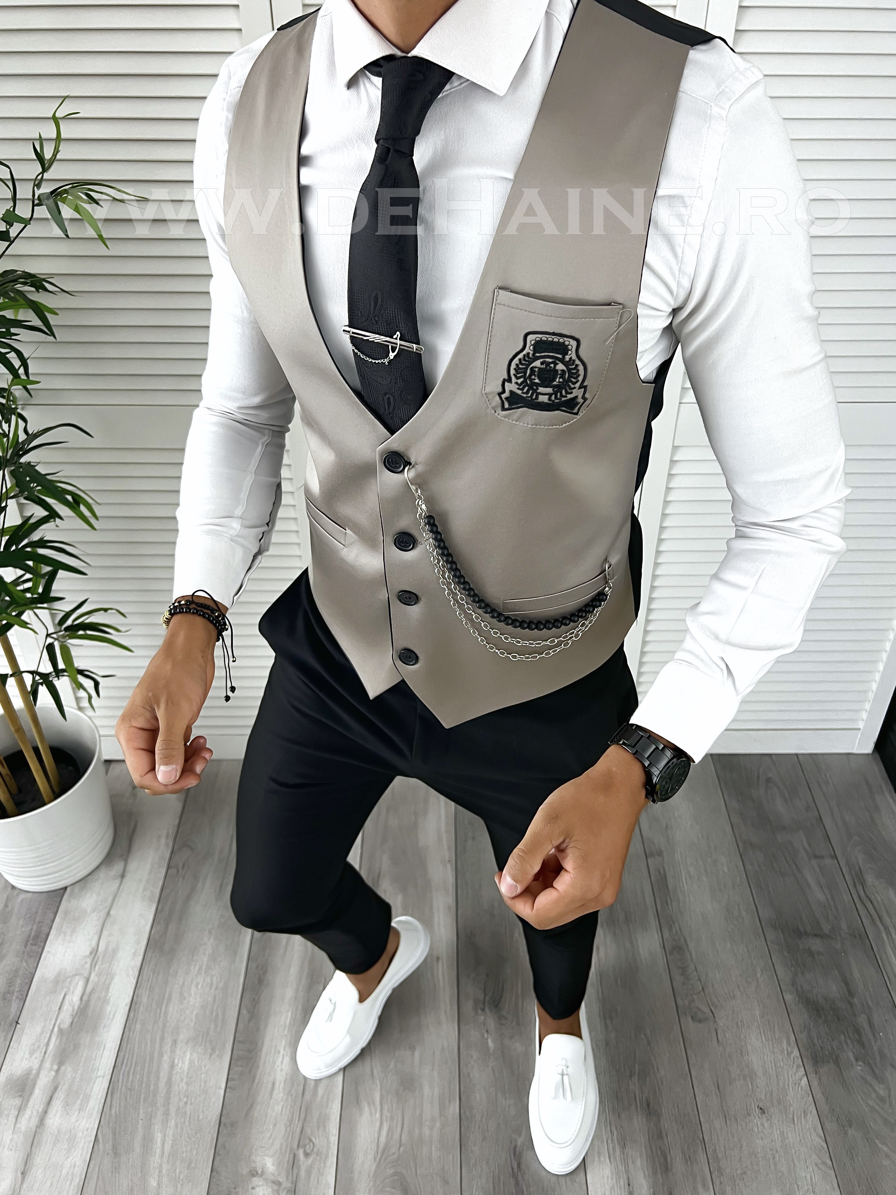 Vesta Barbati Bej Slim Fit Elegantă