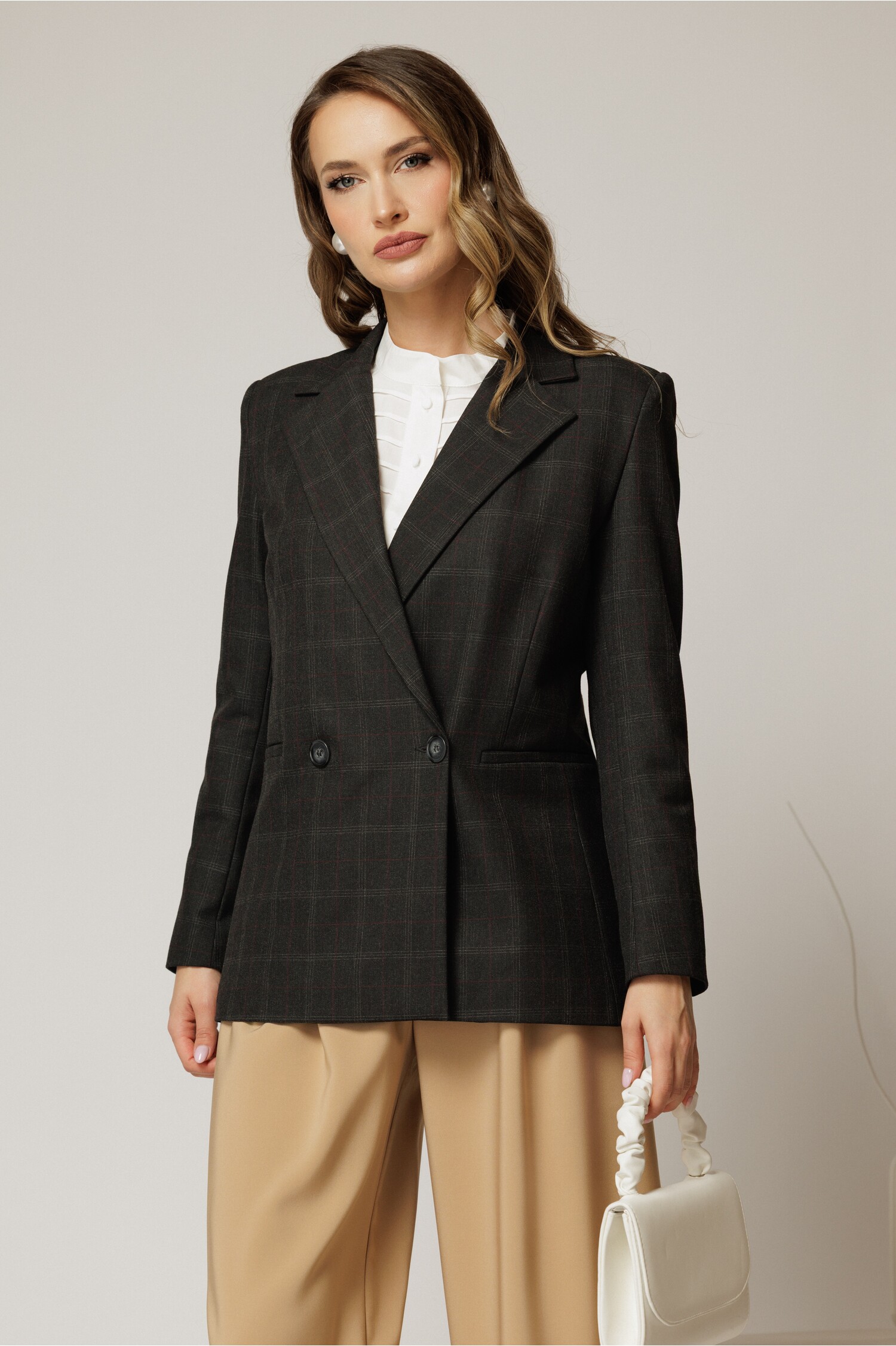 Sacou Negru Carouri Office Casual Dama