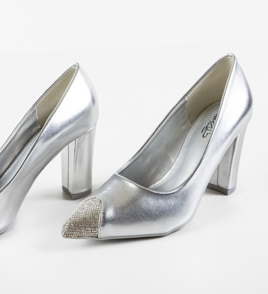 Pantofi Dama Meyly Argintii Eleganți cu Toc - imagine 6