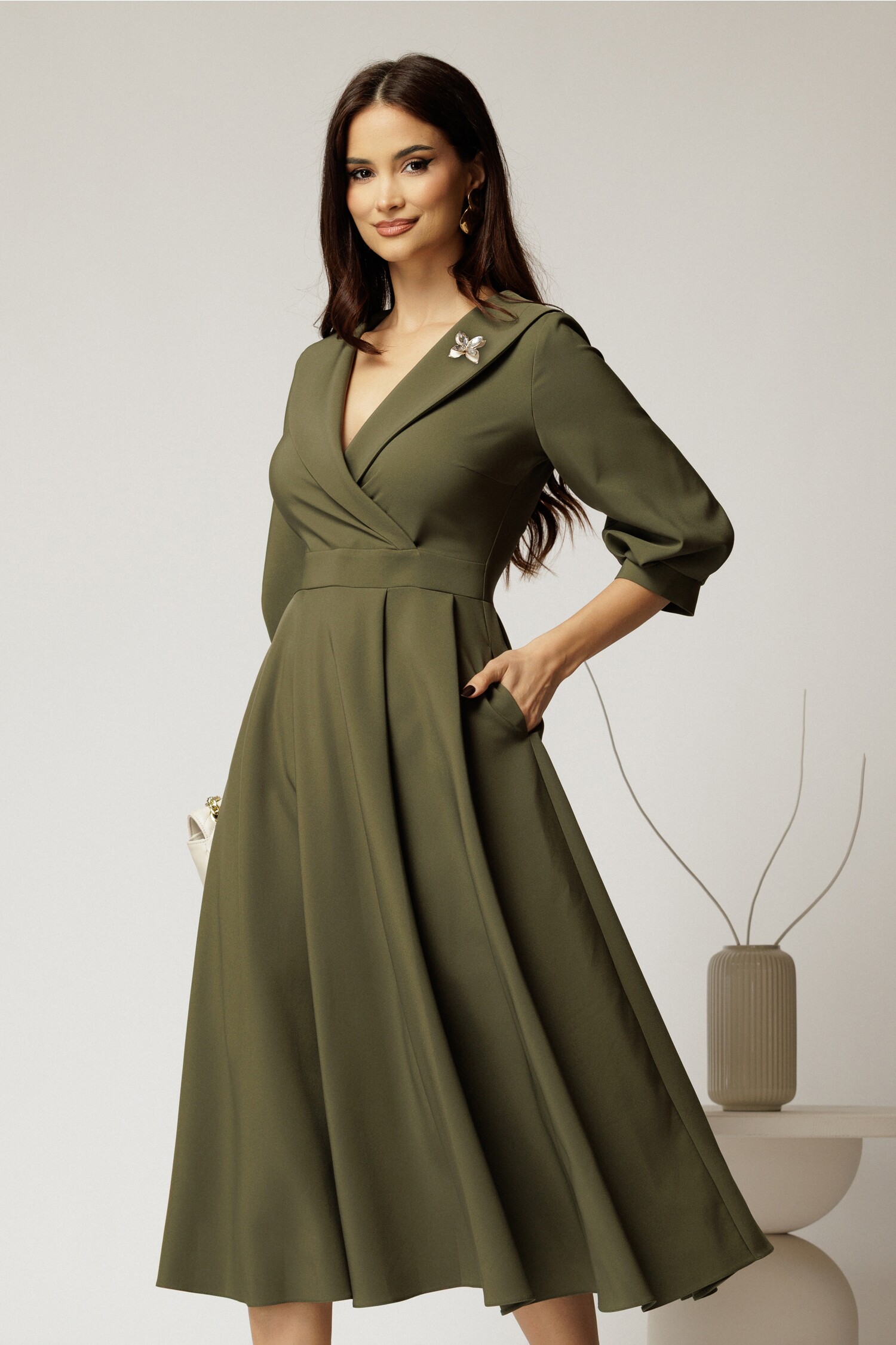 Rochie Office Elegantă din Stofă Kaki
