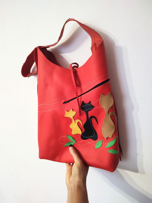 Geanta Sac Piele Naturala cu Pisicute | Shopika