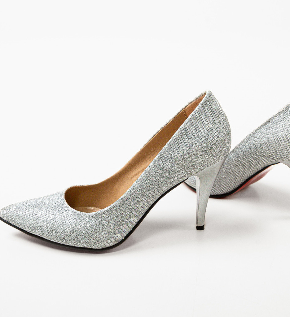 Pantofi Dama Argintii Eleganti cu Toc - imagine 6