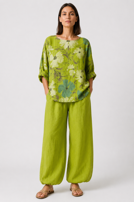 Pantaloni de vara, din in, croi balon, cu elastic la glezna, siret in talie, verde deschis