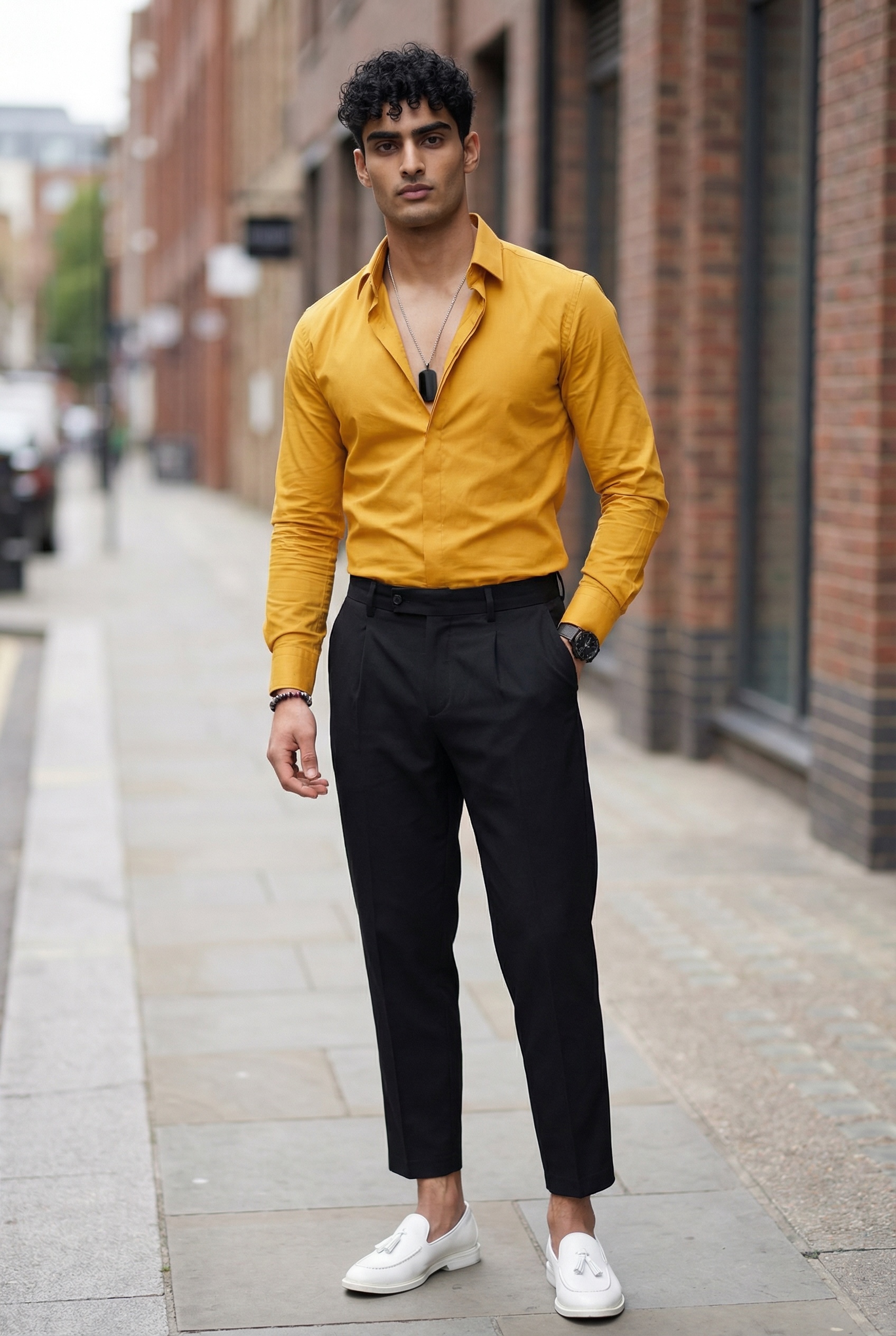 Cămăși Bărbați Slim Fit Mustar Bumbac