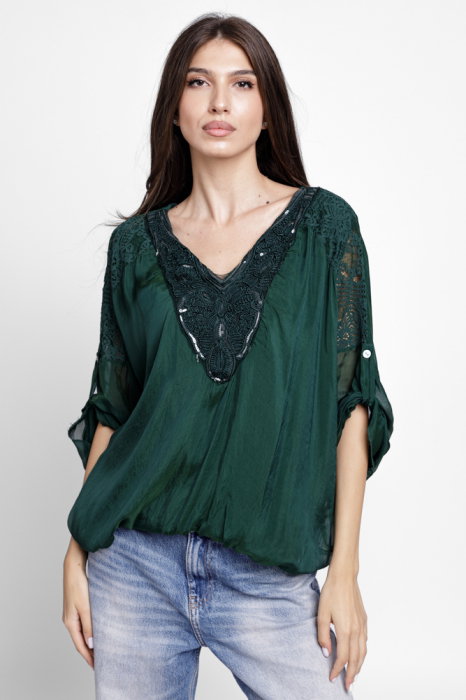 Bluza matase Shopika verde inchis brodata