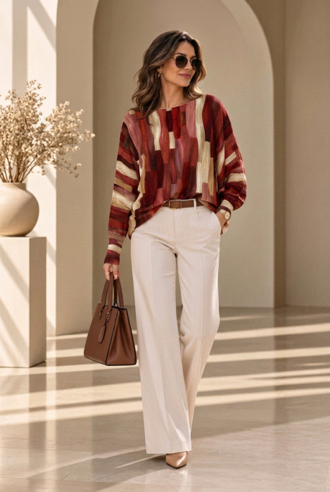 Bluza cu maneca fluture si imprimeu pictural  pensulat, bordo
