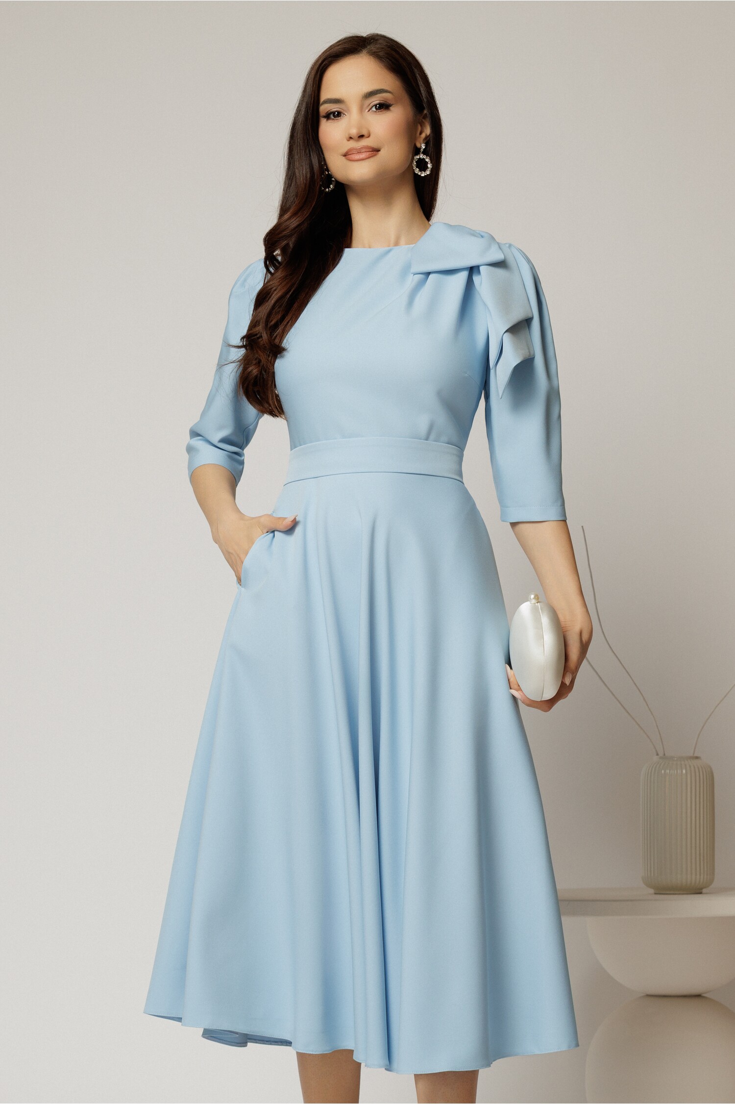 Rochie Midi Bleu Clos cu Funda și Cordon