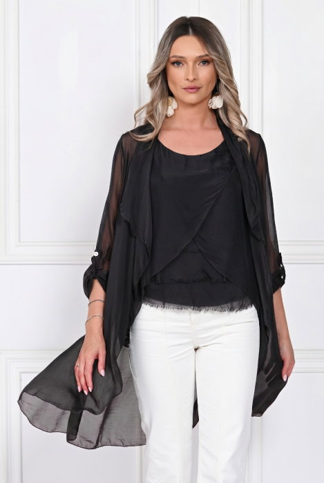 Blazer dama midi din matase tip kimono, croi fluid pentru layering, negru
