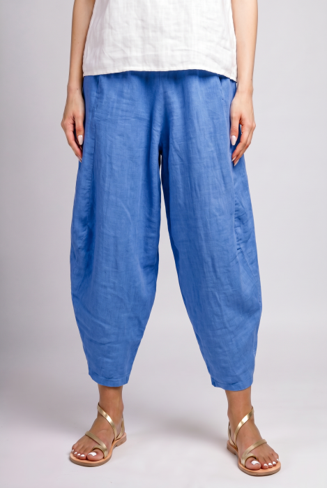 Pantaloni salvari din in cu croi lejer si volumetric, bleu