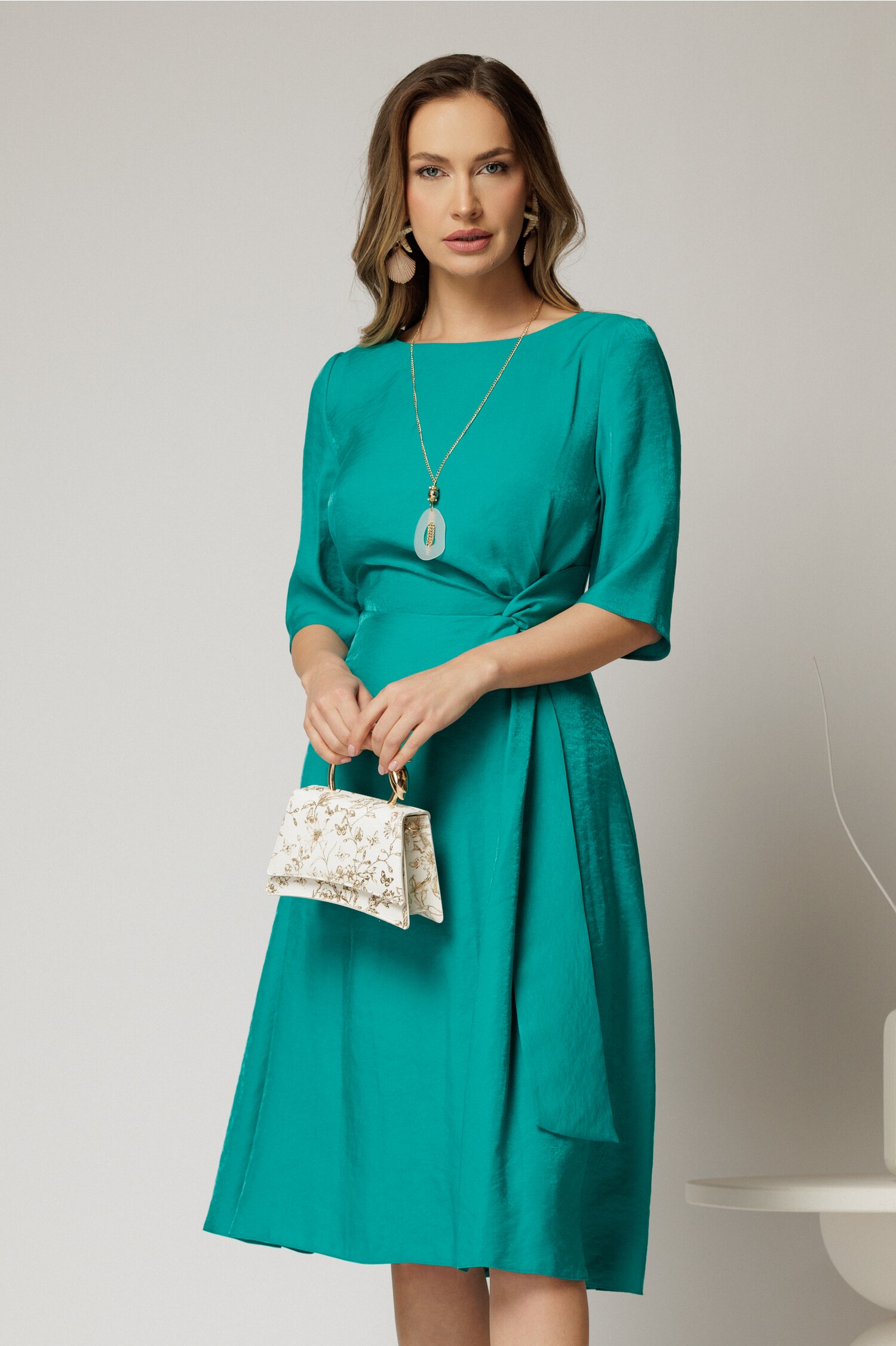 Rochie Midi Verde Turcoaz cu Nod pe Talie