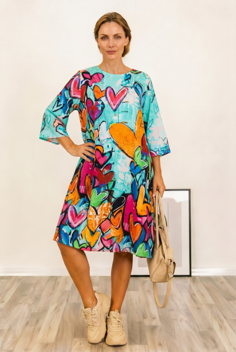 Rochie Midi Vascoza Inimi Turcoaz Shopika - imagine 2