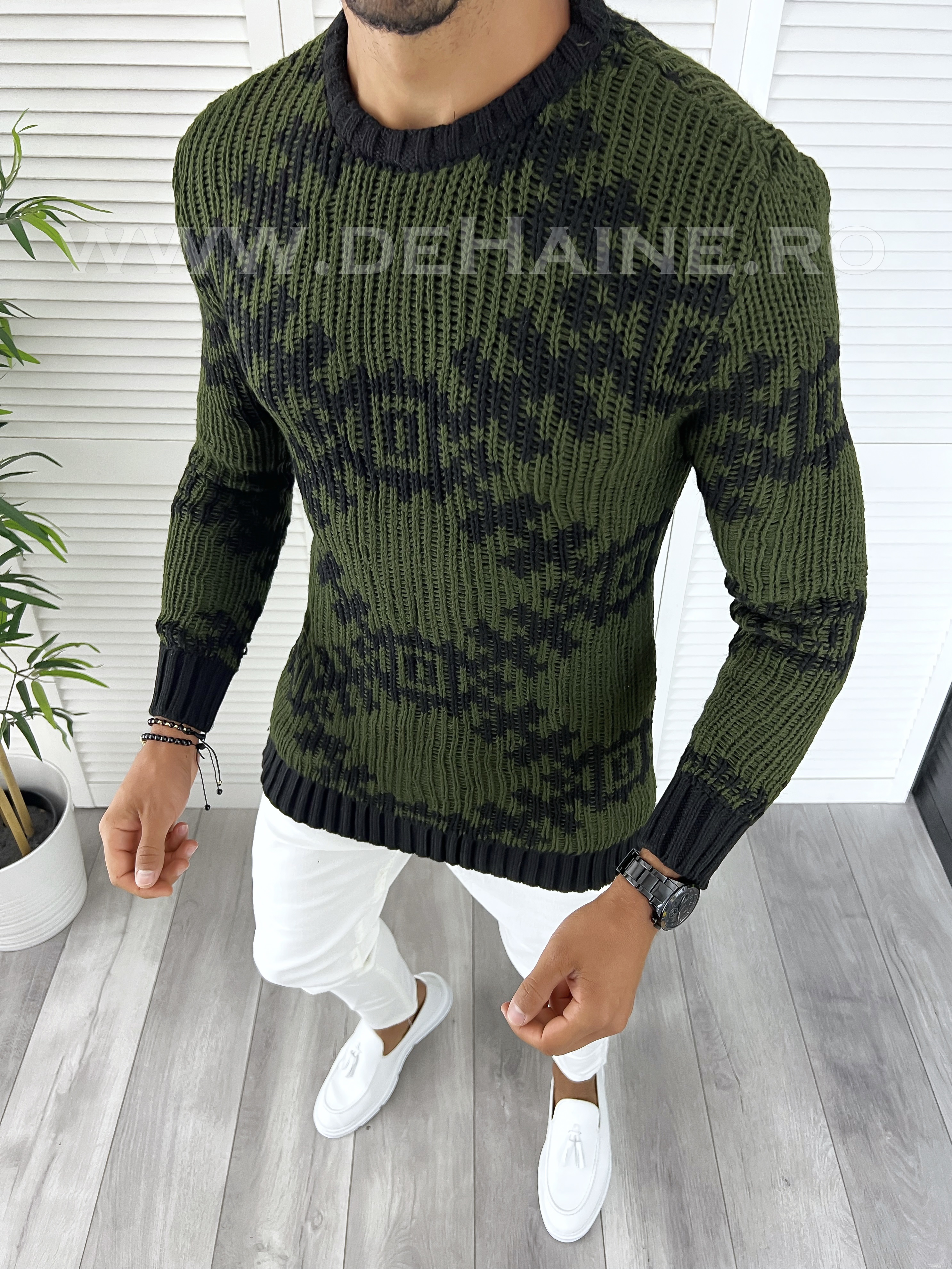 Pulover Barbati Slim Fit Kaki Elegant