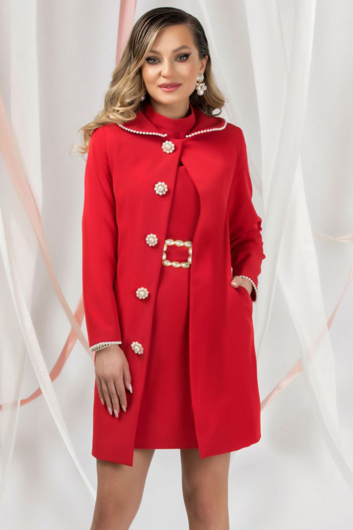 Jacheta Pretty Girl rosie cu perle elegante