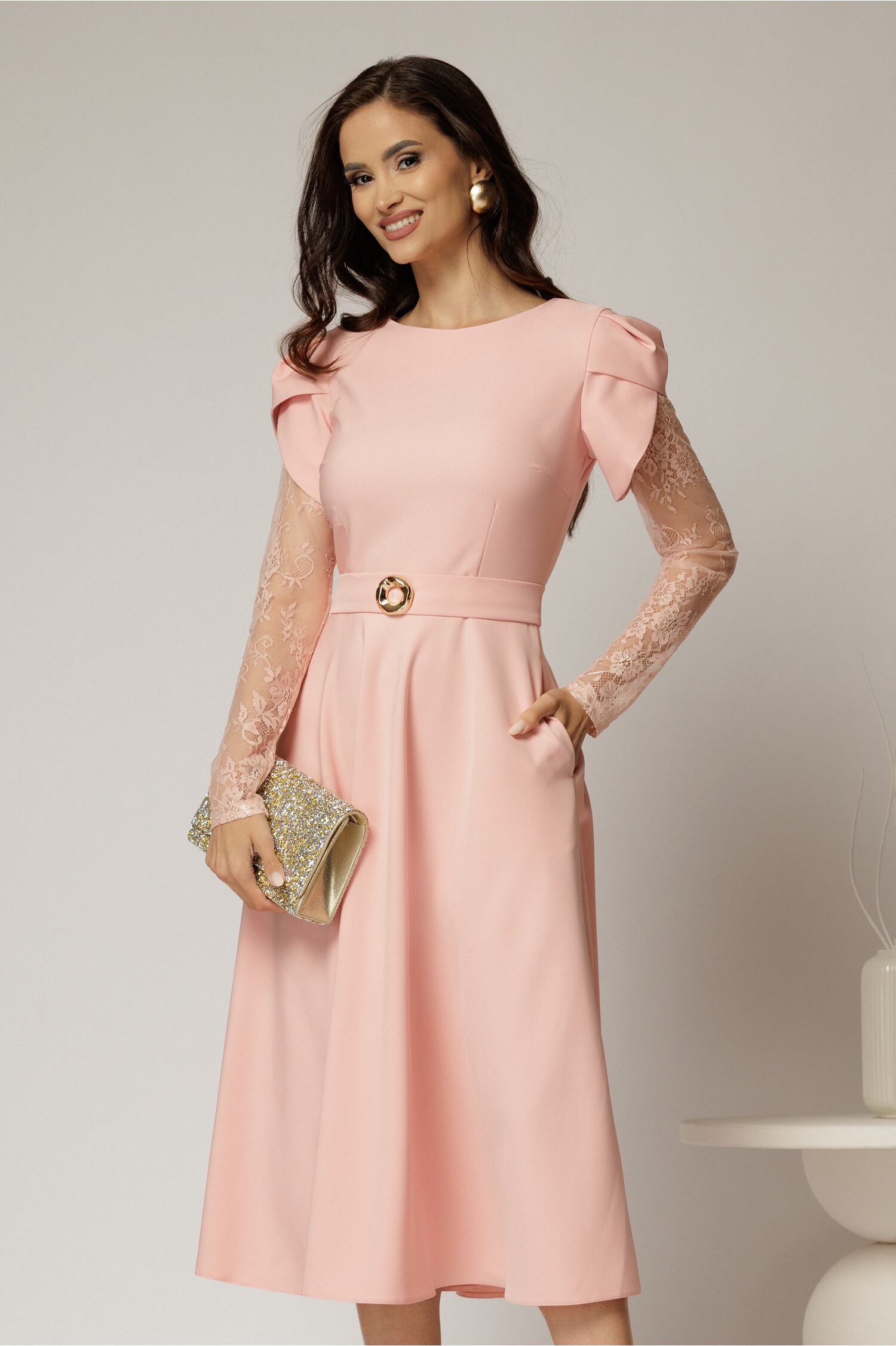 Rochie Midi Roz cu Dantela și Cordon Detasabil